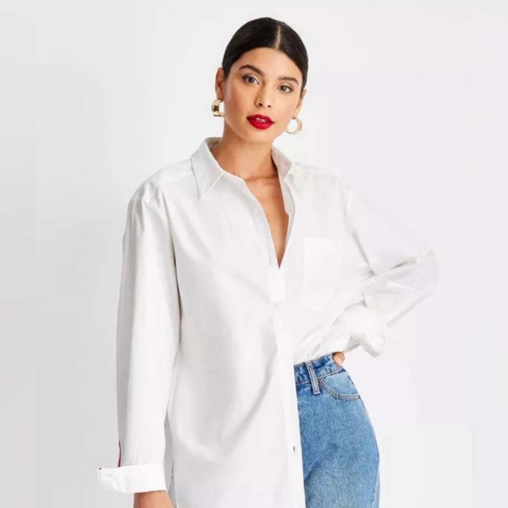 Future Collective Kahlana Barnes White Button-Up Shirt wRed Stripe Detail, 1x